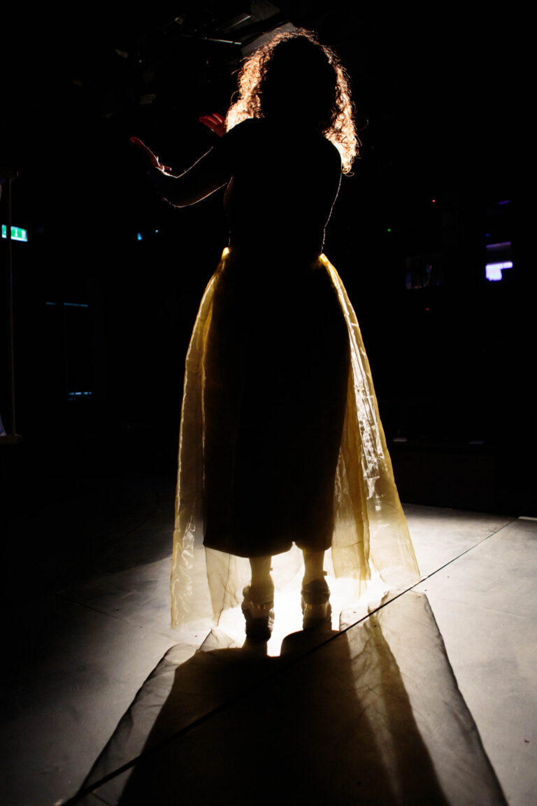 Sumayya Si-Tabyeb, BSL Interpreter, seen from behind, her golden skirt glowing in the stage lights